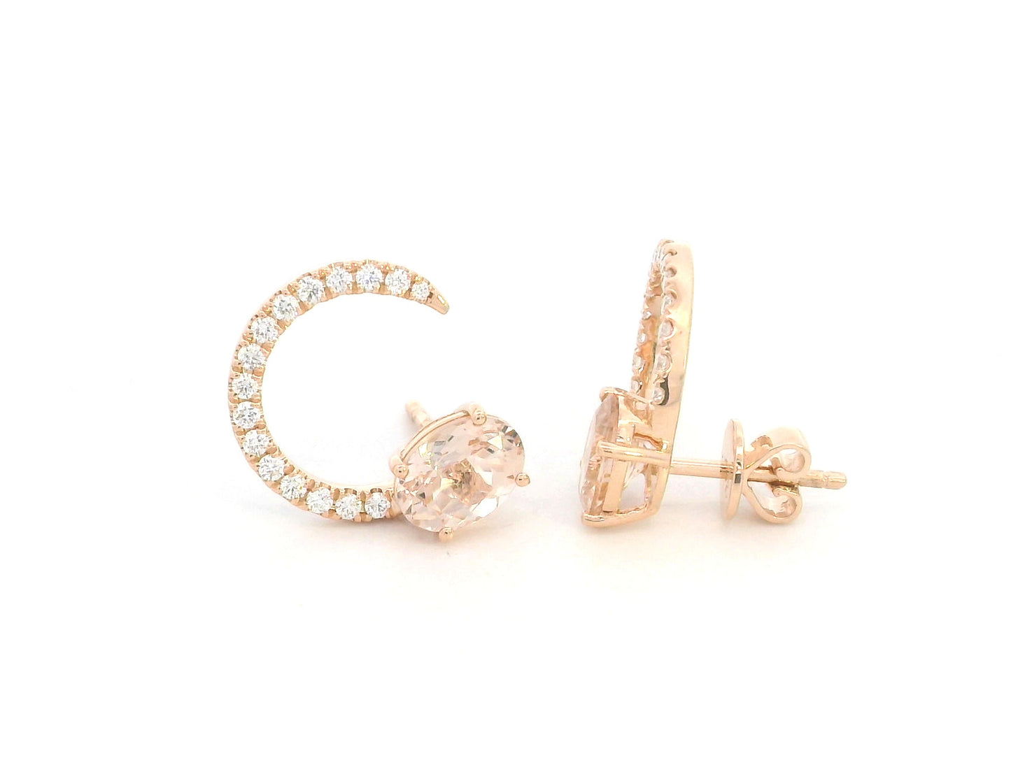 18K rose gold earrings featuring oval-cut morganite gemstones with diamond crescent detailing by Emirates Diamonds.