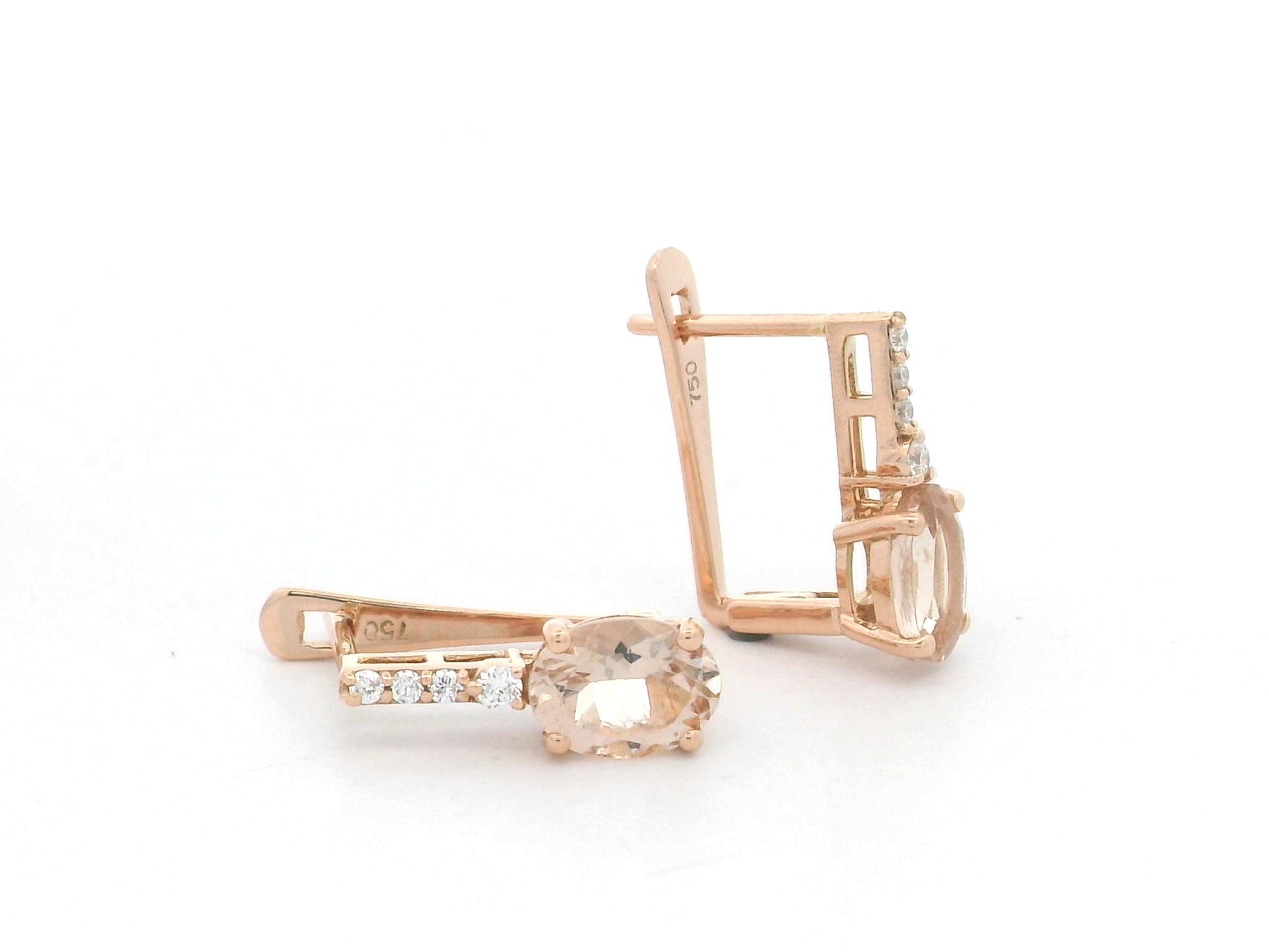 18K rose gold lever-back earrings featuring oval morganite gemstones with diamond accents – Emirates Diamonds