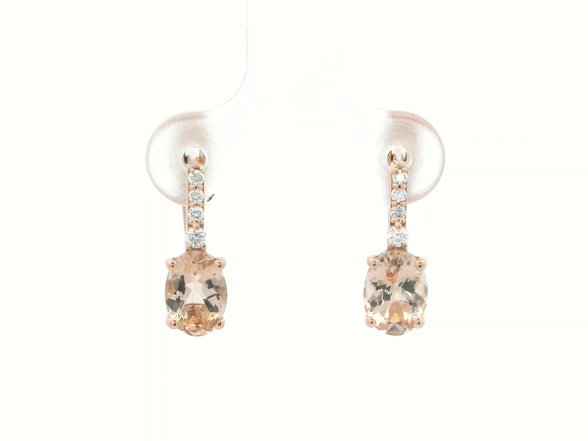 18K rose gold lever-back earrings featuring oval morganite gemstones with diamond accents – Emirates Diamonds