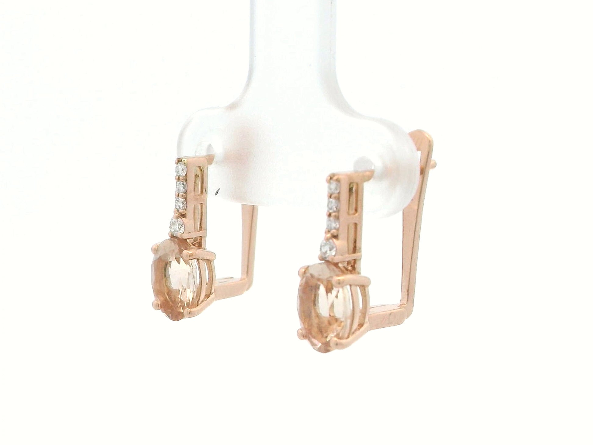 18K rose gold lever-back earrings featuring oval morganite gemstones with diamond accents – Emirates Diamonds