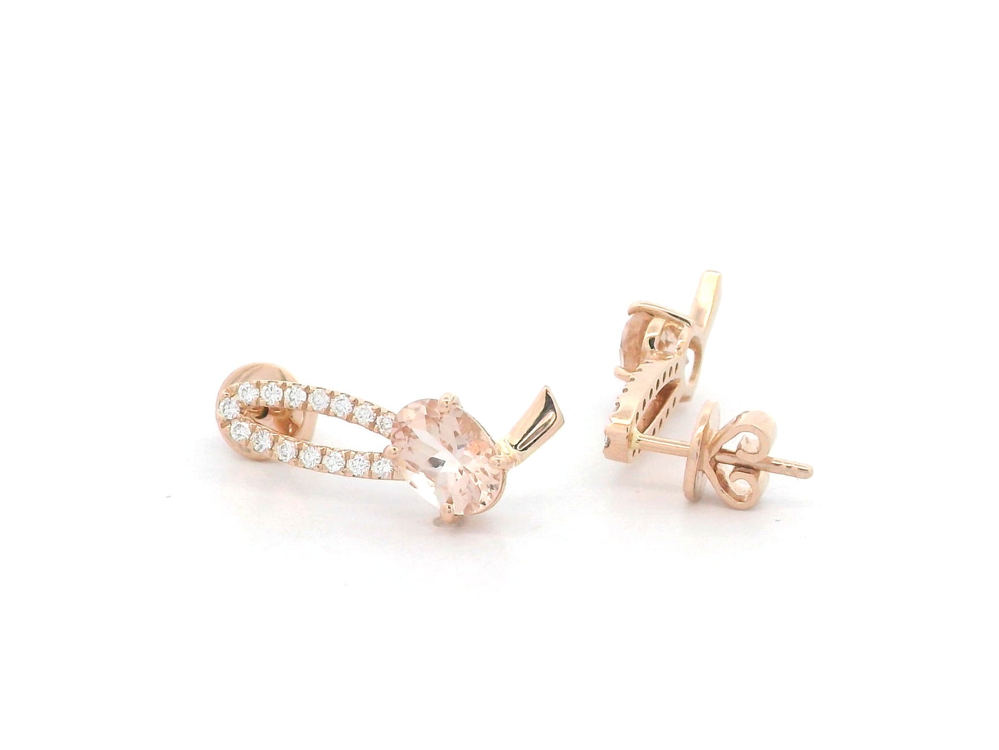 18K rose gold morganite and diamond stud earrings with butterfly push backs