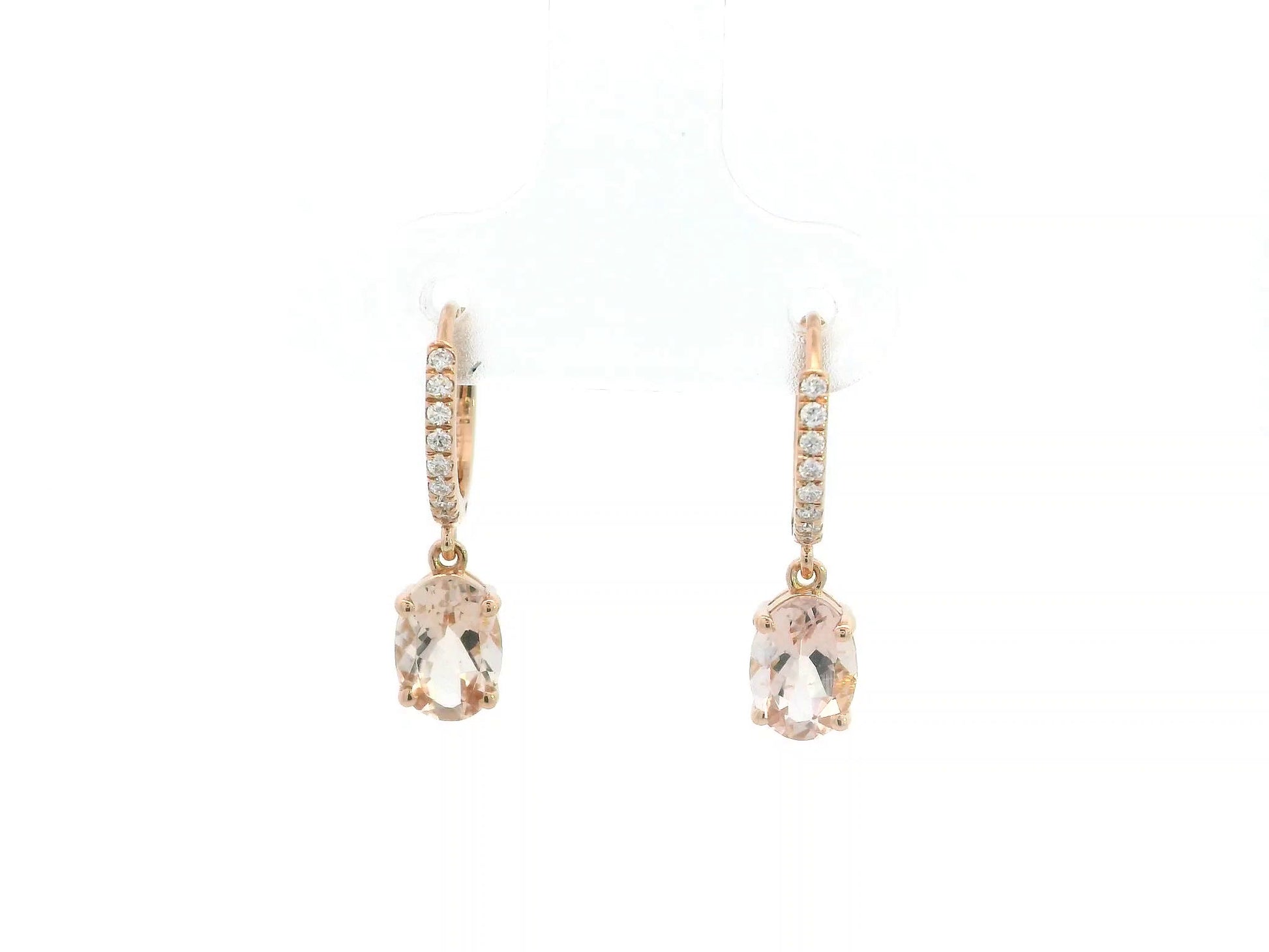 18K rose gold drop earrings featuring oval-cut morganite gemstones with diamond-accented hoops by Emirates Diamonds.
