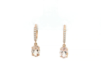 18K rose gold drop earrings featuring oval-cut morganite gemstones with diamond-accented hoops by Emirates Diamonds.