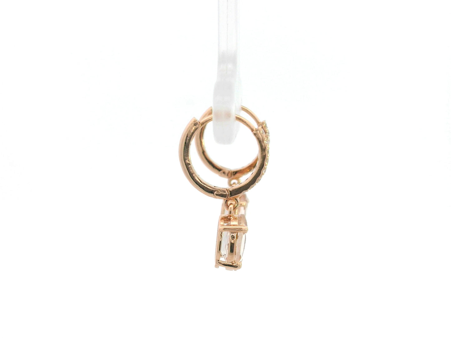 18K rose gold drop earrings featuring oval-cut morganite gemstones with diamond-accented hoops by Emirates Diamonds.