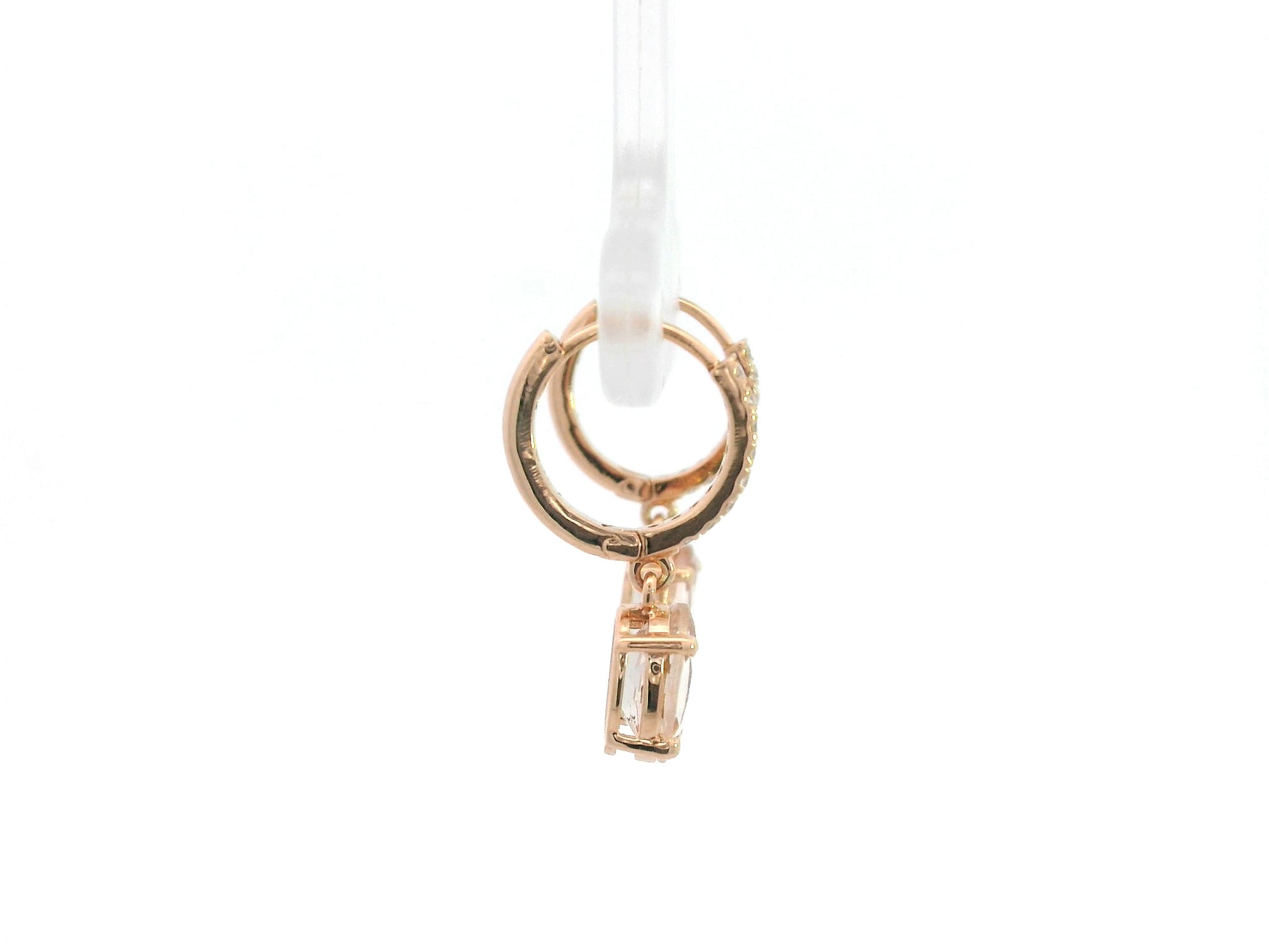 18K rose gold drop earrings featuring oval-cut morganite gemstones with diamond-accented hoops by Emirates Diamonds.