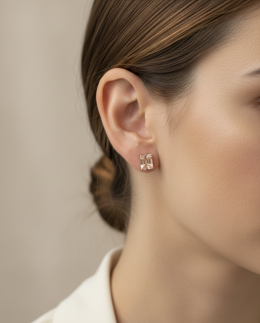 18K rose gold stud earrings featuring emerald-cut morganite gemstones