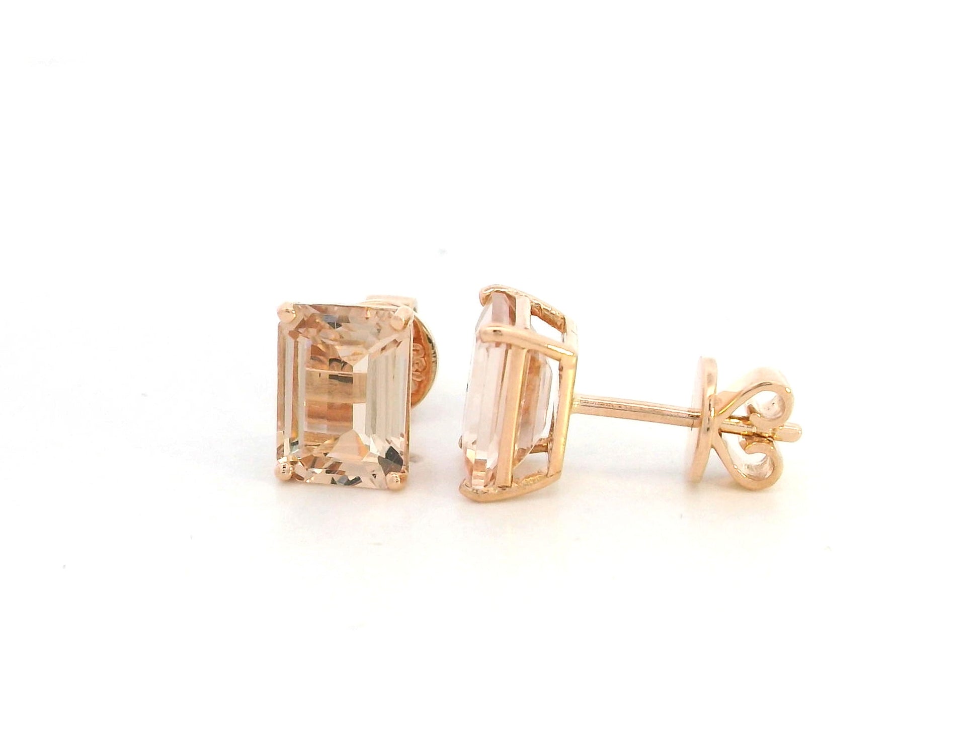 18K rose gold stud earrings featuring emerald-cut morganite gemstones