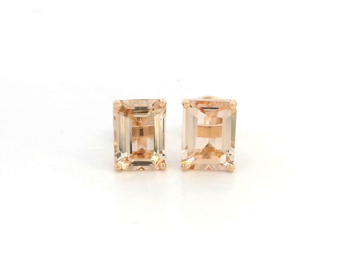18K rose gold stud earrings featuring emerald-cut morganite gemstones