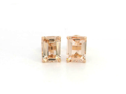18K rose gold stud earrings featuring emerald-cut morganite gemstones