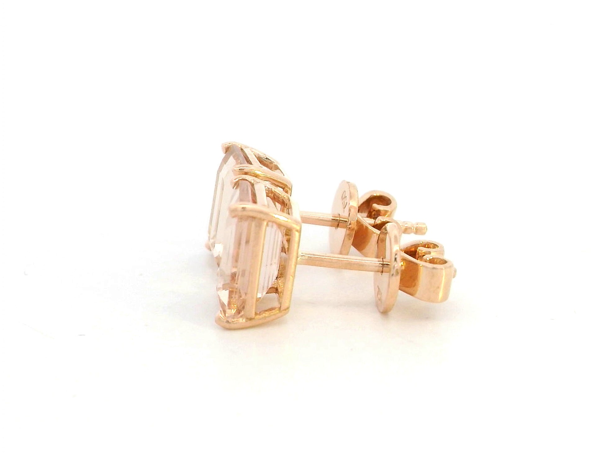 18K rose gold stud earrings featuring emerald-cut morganite gemstones