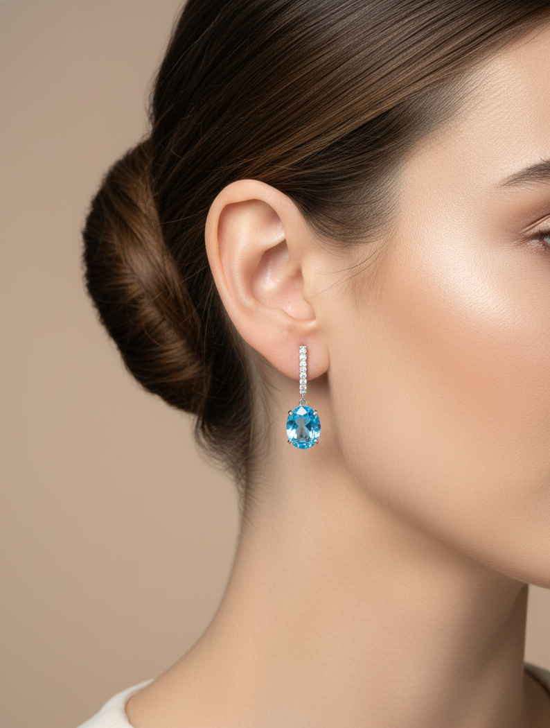 18K white gold Swiss blue topaz and diamond drop earrings with lever-back closure – Emirates Diamonds