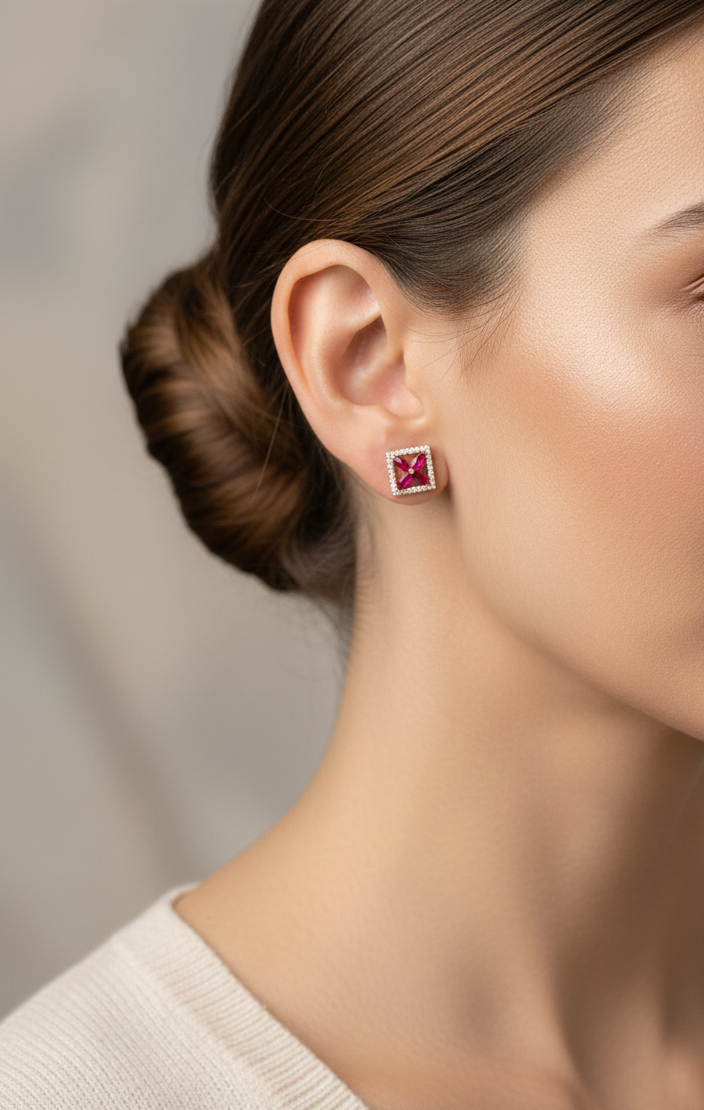 18K yellow gold square stud earrings with ruby cluster center and diamond halo by Emirates Diamonds.