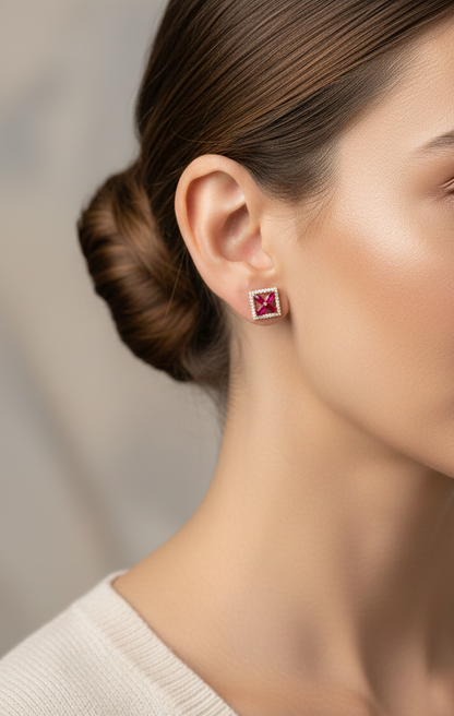 18K yellow gold square stud earrings with ruby cluster center and diamond halo by Emirates Diamonds.