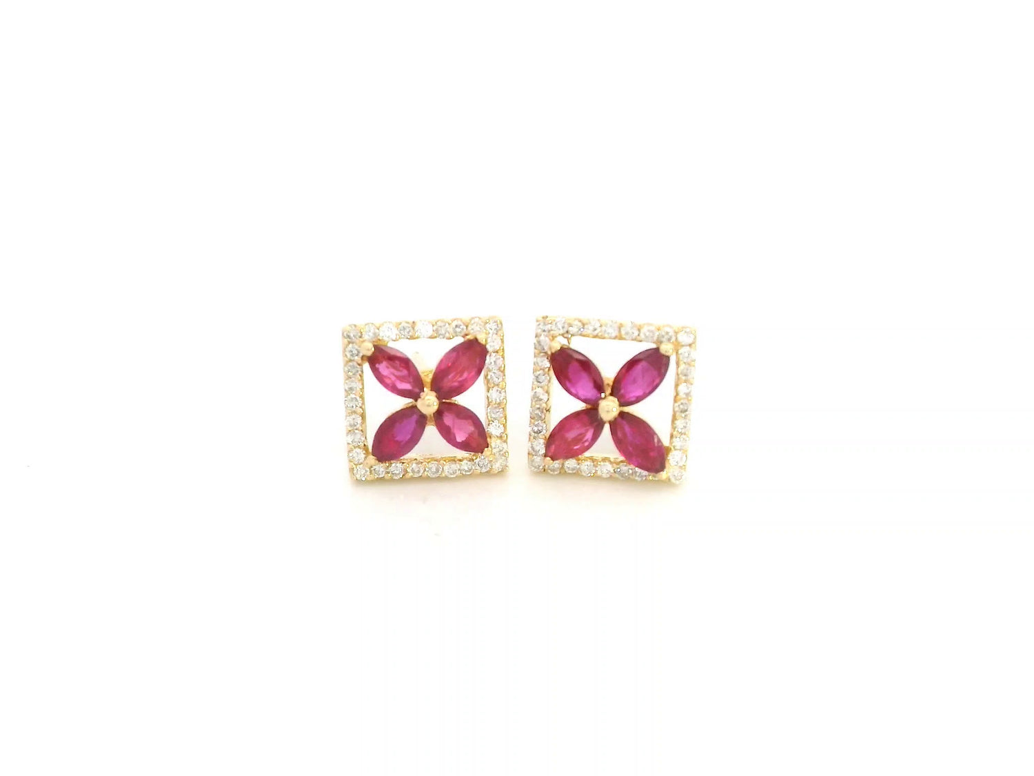 18K yellow gold square stud earrings with ruby cluster center and diamond halo by Emirates Diamonds.