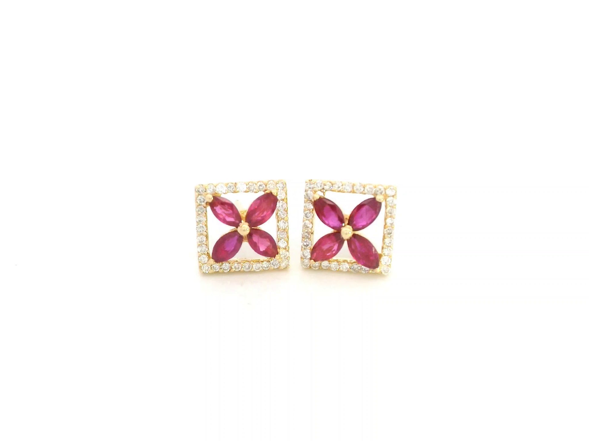 18K yellow gold square stud earrings with ruby cluster center and diamond halo by Emirates Diamonds.