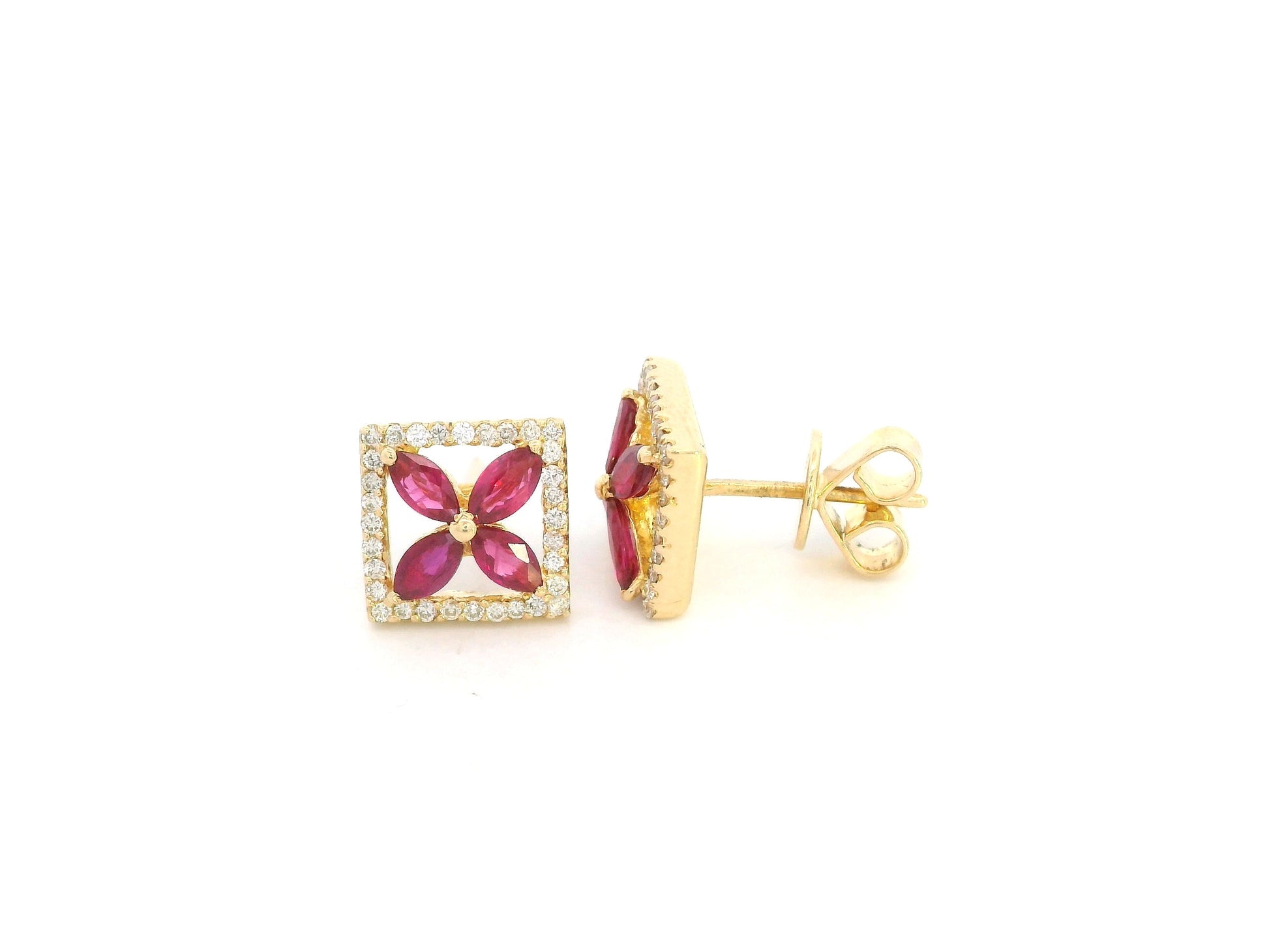 18K yellow gold square stud earrings with ruby cluster center and diamond halo by Emirates Diamonds.