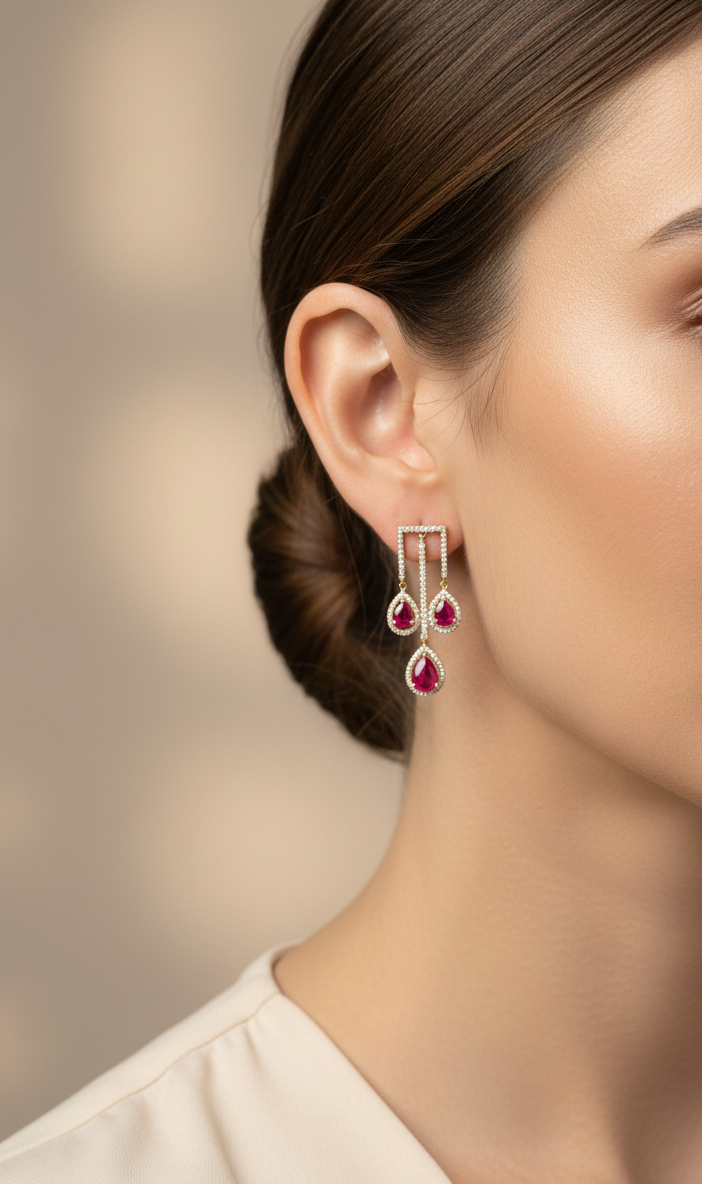 2.65 carat pear ruby and 0.91 carat diamond halo drop earrings in 18K yellow gold by Emirates Diamonds