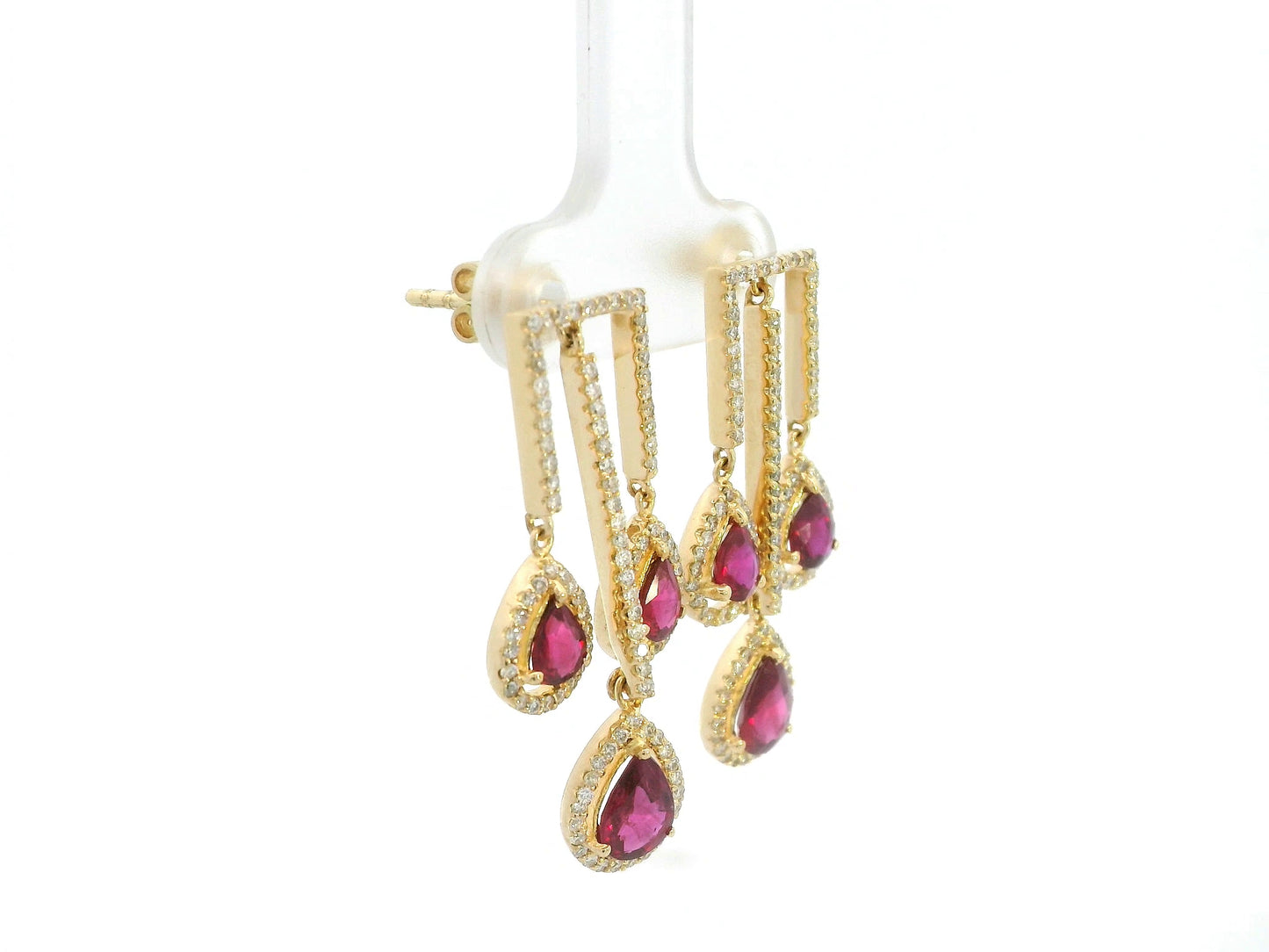 2.65 carat pear ruby and 0.91 carat diamond halo drop earrings in 18K yellow gold by Emirates Diamonds