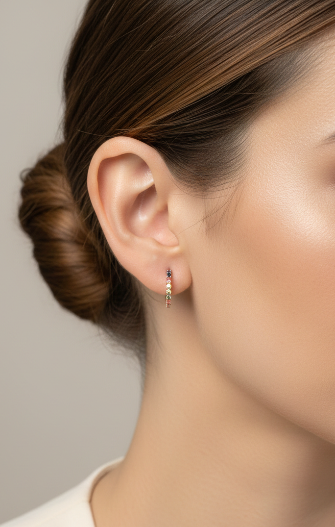 18K yellow gold hoop earrings set with multi-color sapphires, colorful sapphire earrings by Emirates Diamonds