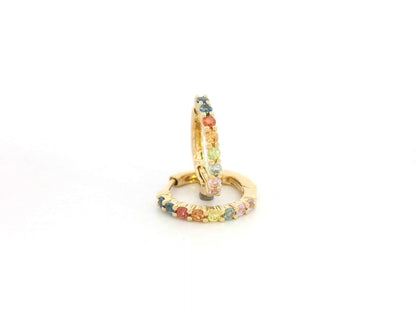 18K yellow gold hoop earrings set with multi-color sapphires, colorful sapphire earrings by Emirates Diamonds