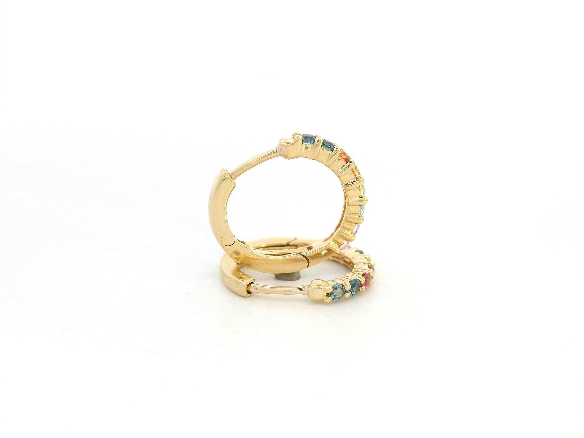 18K yellow gold hoop earrings set with multi-color sapphires, colorful sapphire earrings by Emirates Diamonds