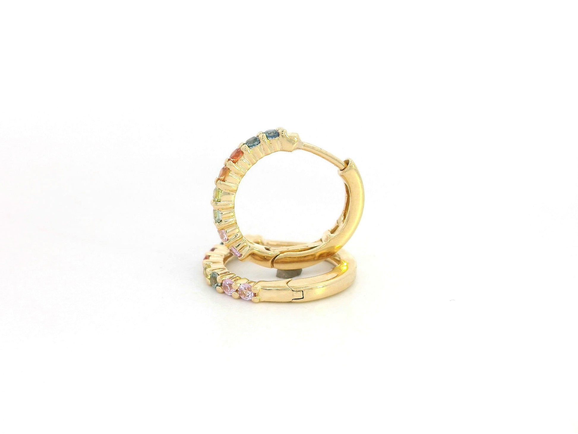 18K yellow gold hoop earrings set with multi-color sapphires, colorful sapphire earrings by Emirates Diamonds