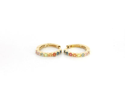 18K yellow gold hoop earrings set with multi-color sapphires, colorful sapphire earrings by Emirates Diamonds