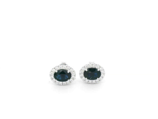 18K white gold blue sapphire diamond halo stud earrings – Emirates Diamonds