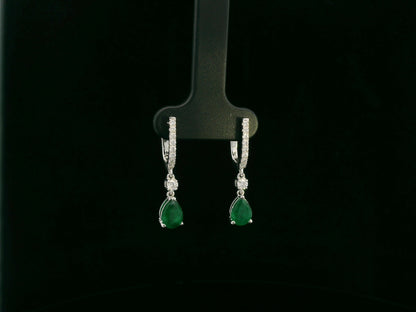 18K white gold emerald and diamond drop earrings with pear-shaped emeralds by Emirates Diamonds