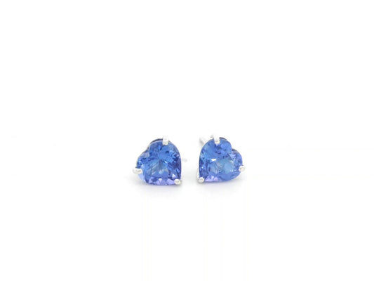 Heart-shaped tanzanite stud earrings in 18K white gold by Emirates Diamonds.