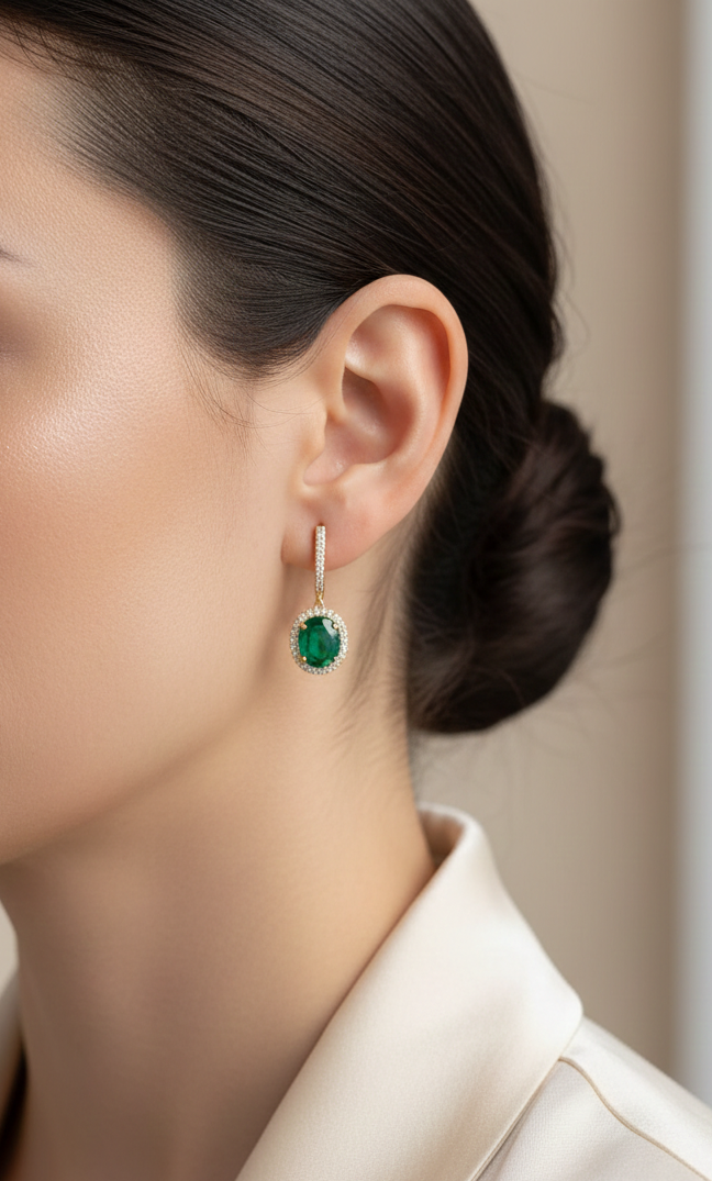 18K yellow gold emerald and diamond drop earrings with oval emeralds and diamond halo, luxury fine jewelry by Emirates Diamonds.