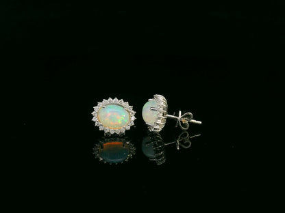 Opal and diamond halo stud earrings in 18K white gold by Emirates Diamonds.