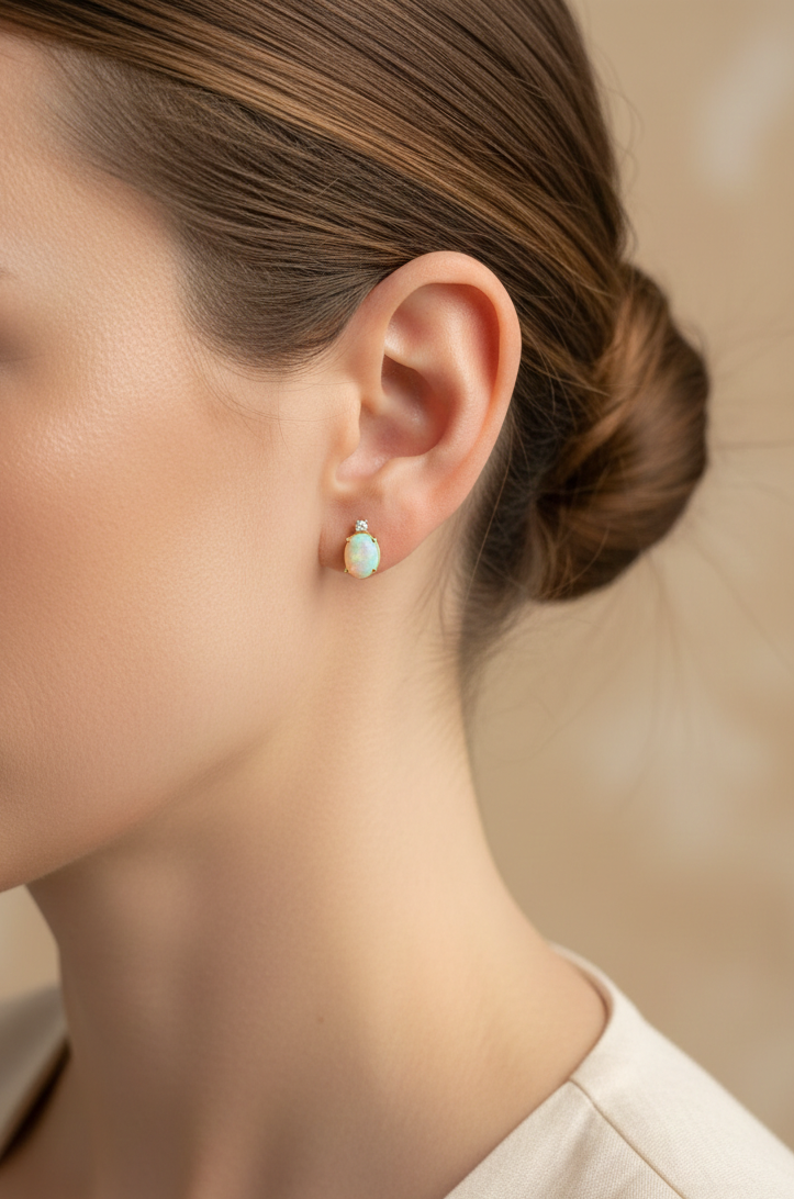 18K yellow gold opal and diamond stud earrings with oval opals and subtle diamond accents, luxury fine jewelry by Emirates Diamonds.