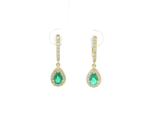 18K yellow gold emerald and diamond drop earrings with pear-shaped emeralds and diamond halo, luxury fine jewelry by Emirates Diamonds.