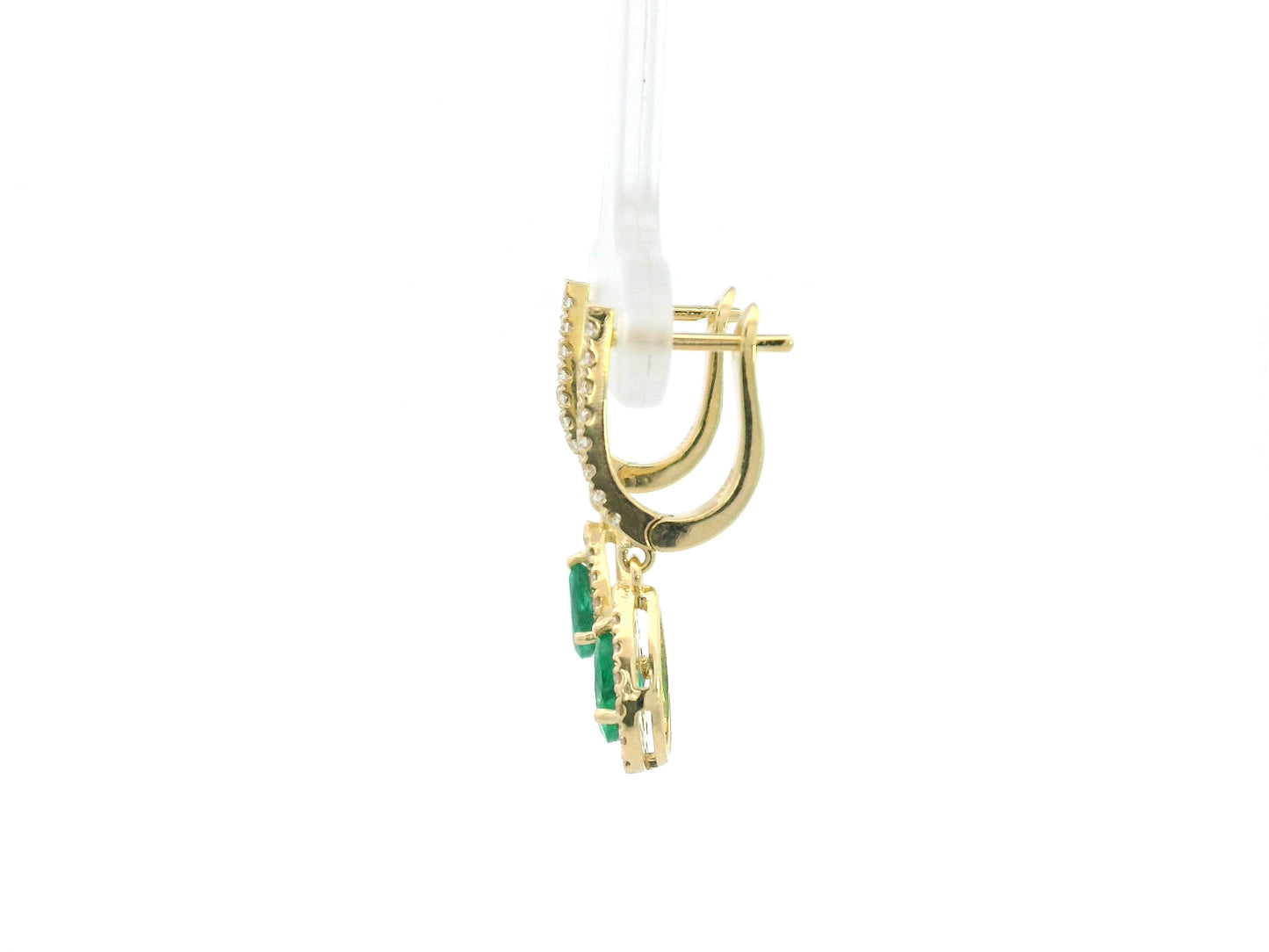 18K yellow gold emerald and diamond drop earrings with pear-shaped emeralds and diamond halo, luxury fine jewelry by Emirates Diamonds.