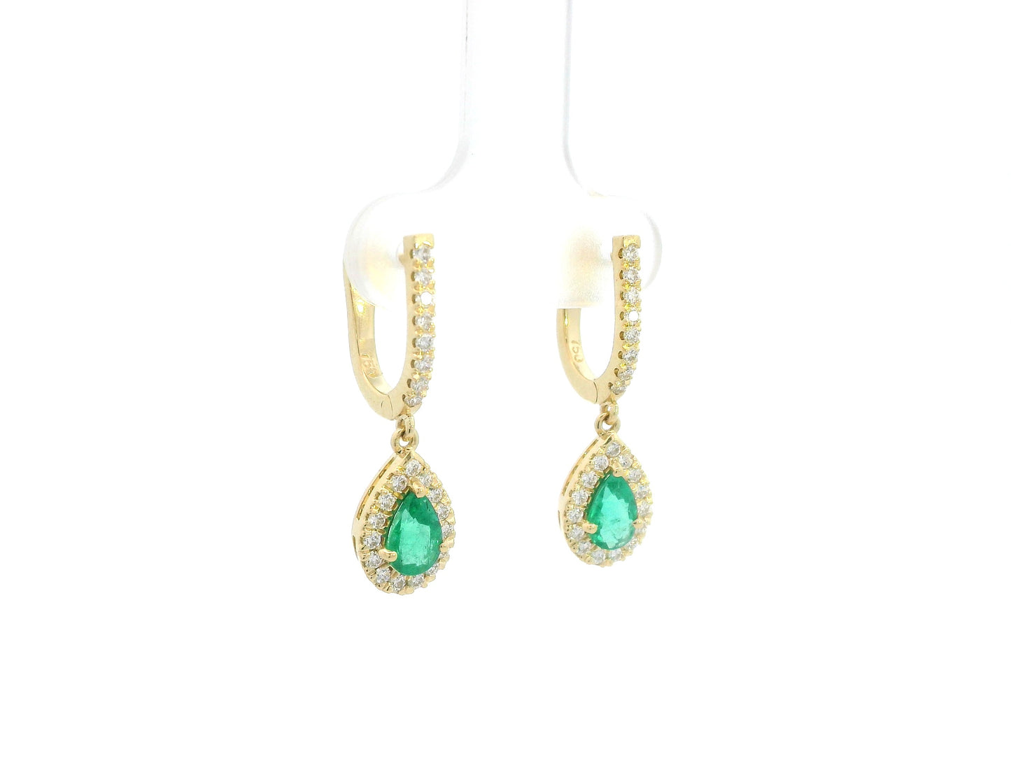18K yellow gold emerald and diamond drop earrings with pear-shaped emeralds and diamond halo, luxury fine jewelry by Emirates Diamonds.