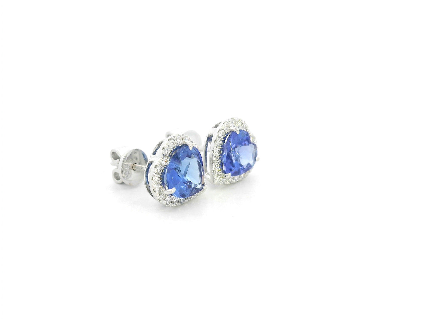18K white gold tanzanite and diamond heart stud earrings by Emirates Diamonds