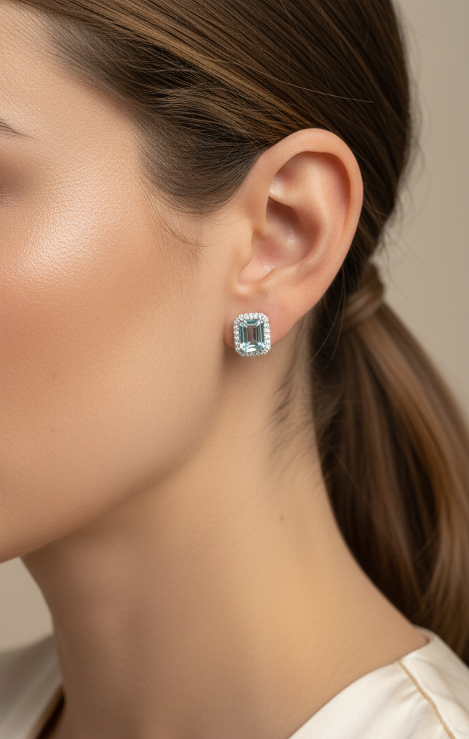 Emerald-Cut Aquamarine & Diamond Halo Earrings in 18K White Gold