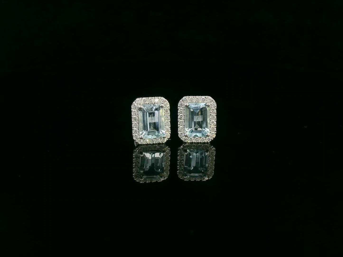 Emerald-Cut Aquamarine & Diamond Halo Earrings in 18K White Gold