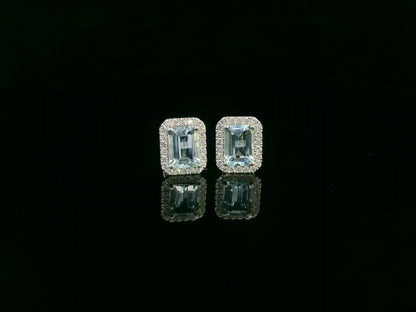 Emerald-Cut Aquamarine & Diamond Halo Earrings in 18K White Gold