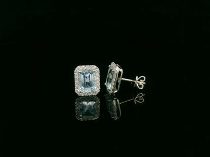 Emerald-Cut Aquamarine & Diamond Halo Earrings in 18K White Gold