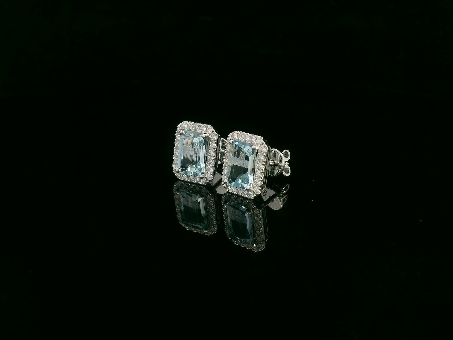 Emerald-Cut Aquamarine & Diamond Halo Earrings in 18K White Gold