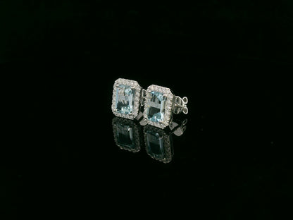 Emerald-Cut Aquamarine & Diamond Halo Earrings in 18K White Gold