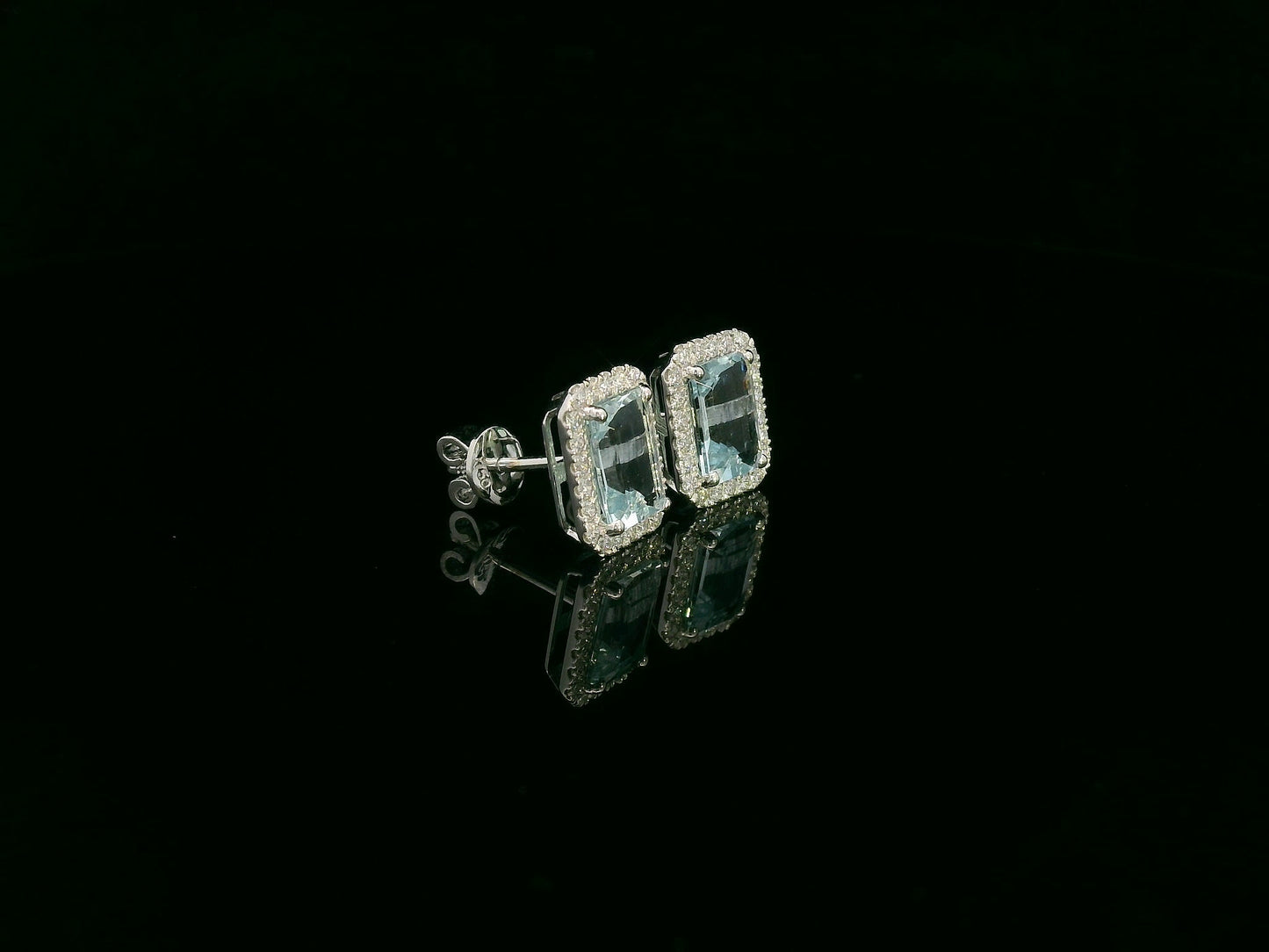 Emerald-Cut Aquamarine & Diamond Halo Earrings in 18K White Gold
