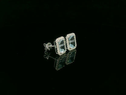 Emerald-Cut Aquamarine & Diamond Halo Earrings in 18K White Gold