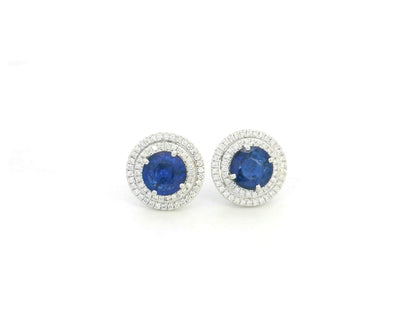 18K white gold blue sapphire halo stud earrings with diamond accents by Emirates Diamonds