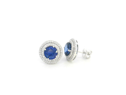 18K white gold blue sapphire halo stud earrings with diamond accents by Emirates Diamonds
