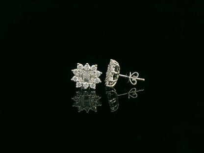 Round and baguette diamond cluster stud earrings in 18K white gold with 0.96 carat natural diamonds by Emirates Diamonds.