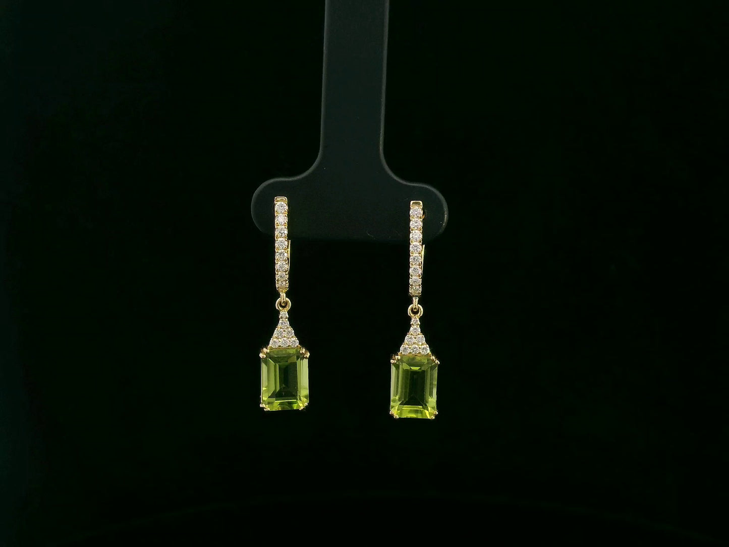 18K yellow gold emerald cut peridot diamond drop earrings by Emirates Diamonds