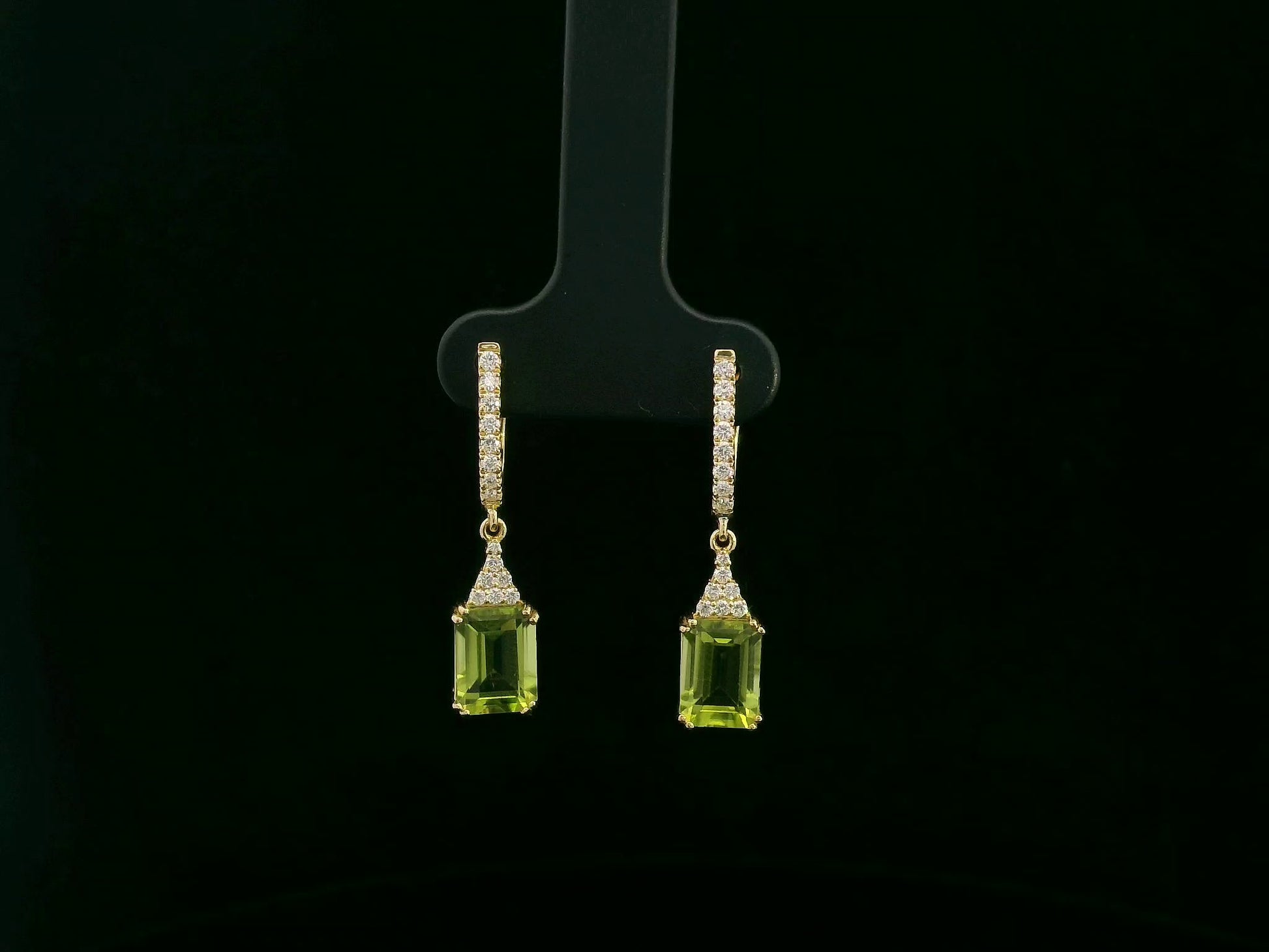 18K yellow gold emerald cut peridot diamond drop earrings by Emirates Diamonds